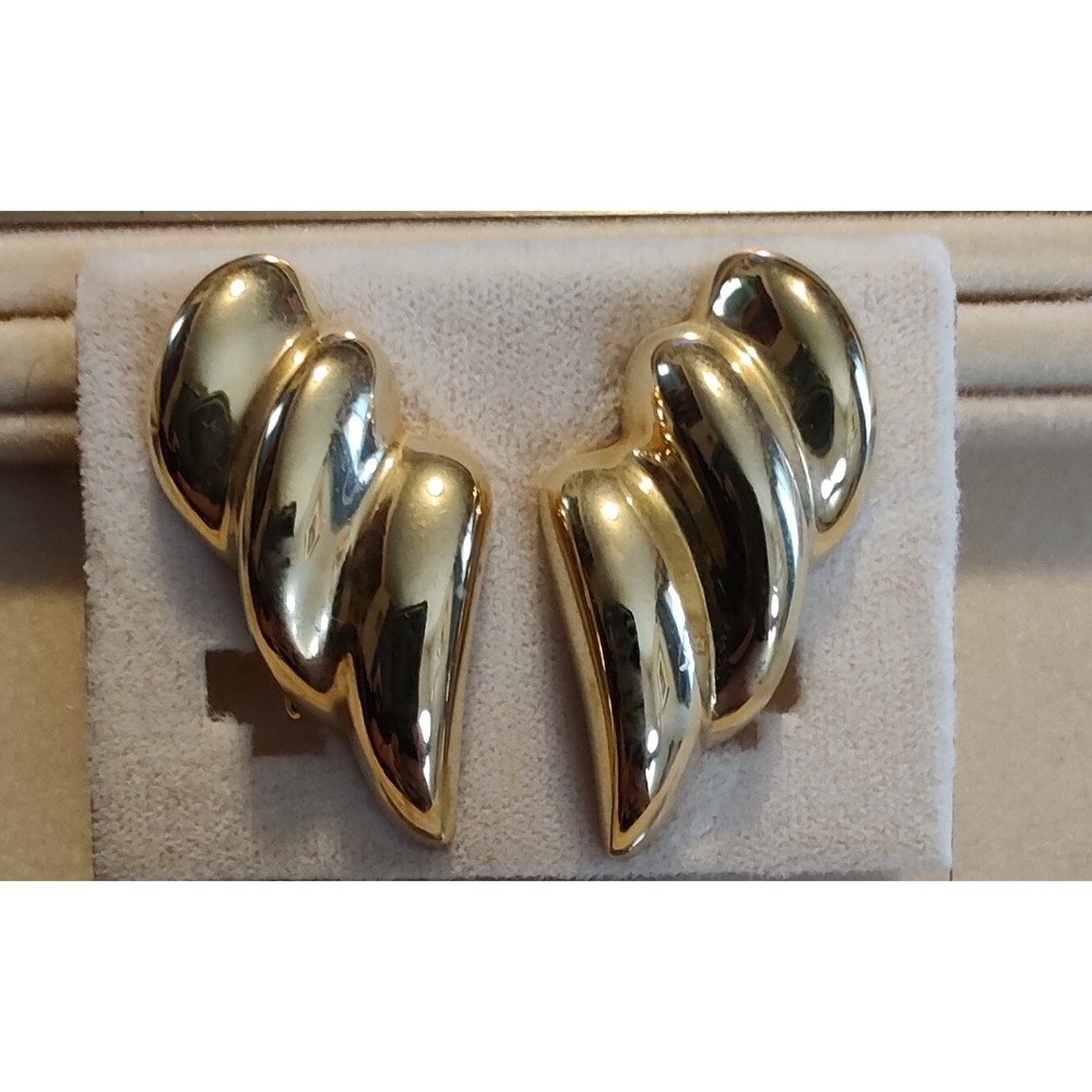 Vintage 80s Alexis Kirk Gold Tone Statement Earrings Clip On Huggie Modern - Picture 3 of 8